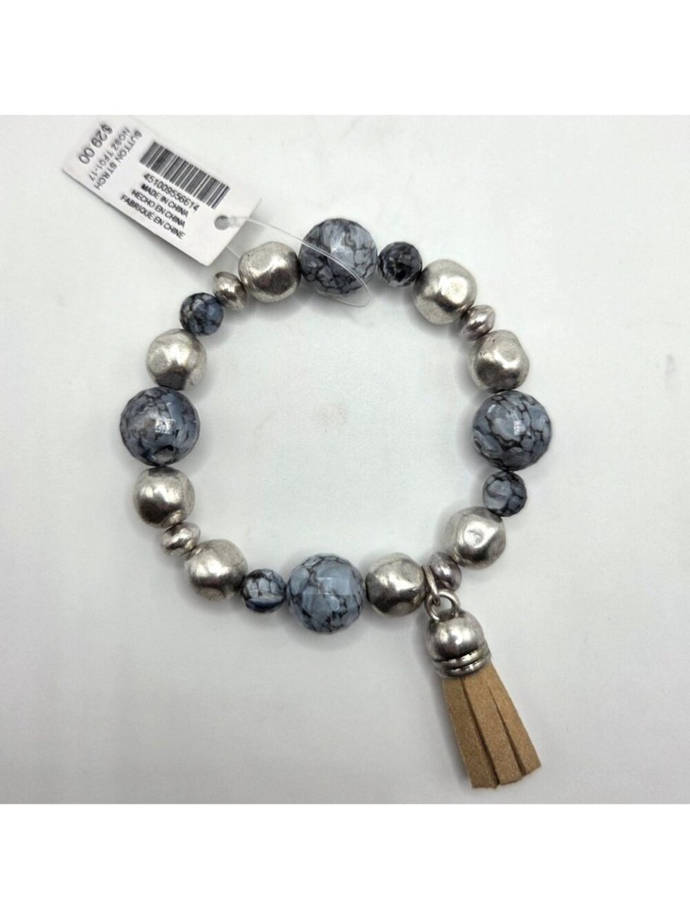 Chicos Stretch Bracelet Silver Gray Marbled Beads Tan Tassel Beachy Boho NEW